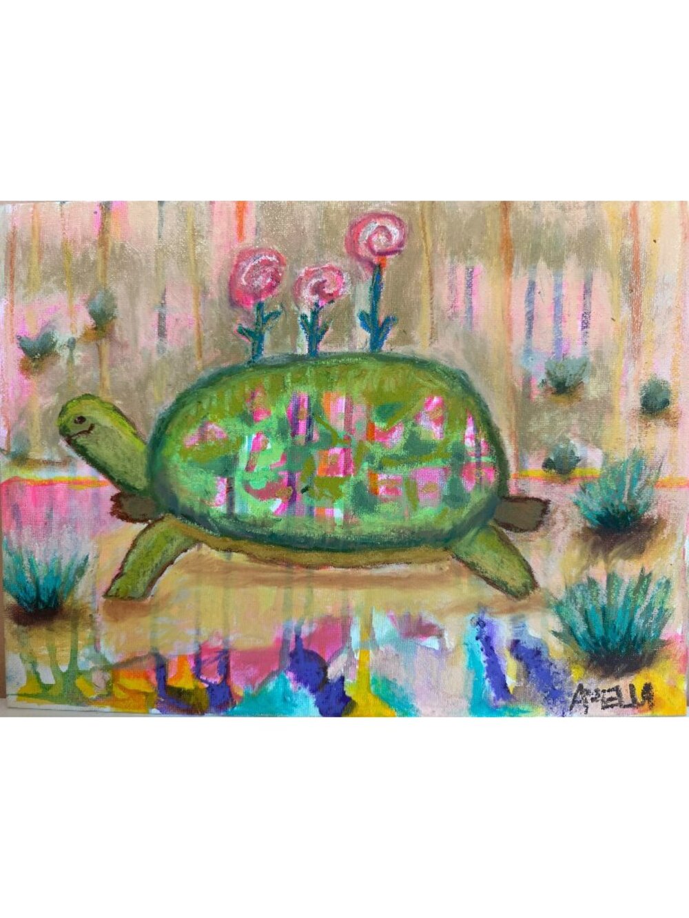 Whimsical Turtle Painting Canvas Board Pink Flowers Outsider 9x12 Weird Tortoise